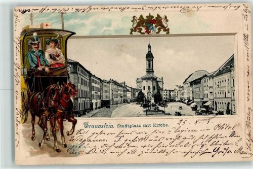 Traunstein 1903 Stadtplatz Brunnen St. Oswald-Kirche Postkutsche