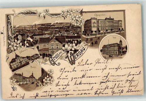 Werdau 1898 Bürgerschule Post Schützenhaus Markt Litho