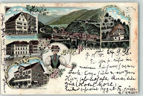 Hornberg 1898 Hotel Zum Bären Hornberg Bergers Sodawasser Fabrik Hotel Zur Post Tracht Bollenhut Lithographie