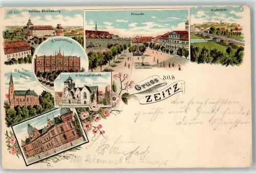 06712 O4900 Zeitz , Elster 1898 Lithographie Schloss Moritzburg Altmarkt Alleebrücke II. Stadtschule St. Michaeliskirche Kaiserl. Postamt neue St. Trinitatiskirche