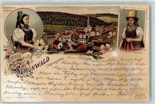 Schönwald 1897 Volkstracht Kirche Hut Frau Kleid Gruss Blumen Lithographie Bahnpost