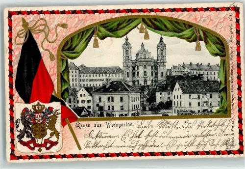 Weingarten 1902 Bühnenfenster Vorhang Grün Fahne Schwarz Rot Wappen Krone Gold Türme