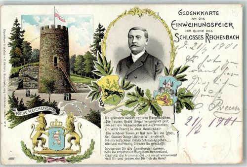 37235 W3436 Hessisch Lichtenau 1901 Lithographie Ruine Reichenbach Wappen
