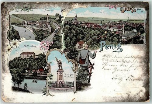 Penig 1899 Bahnpost Glauchau Grossbothen Zug 1473 6.11.99 Amerika Wolkenburg Kriegerdenkmal