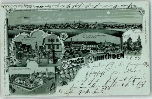 71364 W7057 Winnenden , Württ 1899 Lithographie / Mondschein Marktbrunnen Hauptstraße Kgl. Heil- u. Pflegeanstalt Winnenthal mit Schlosskirche Diebsturm