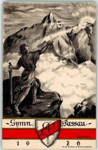Passau Gymnasium 1926 Wappen Rot Weiß Sonne Mann Schwert Berge Felsen Schule Abschluss