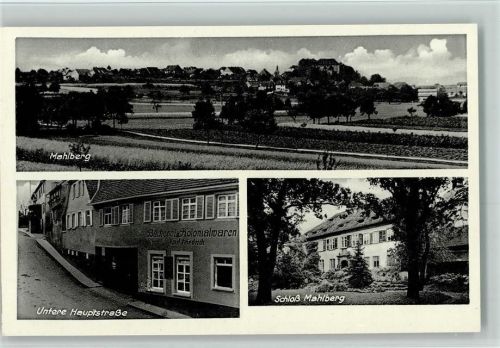Mahlberg 1935 Untere Hauptstraße, Bäckerei, Teilansicht , Schloß AK