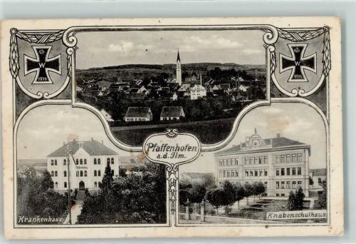Pfaffenhofen Krankenhaus Knabenschulhaus Eisernes Kreuz Bahnpost München - Nürnberg Zug 239