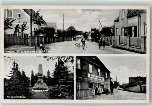 04910 O7901 Kraupa - Dorfstraße Motorrad Fahrrad Kriegerdenkmal Kolonialwaren-Geschäft