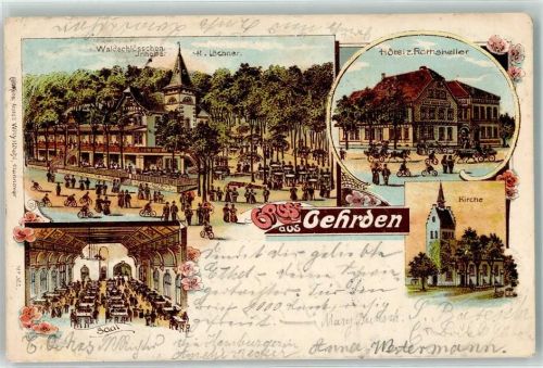 Gehrden Gasthaus Waldschlösschen Hotel z. Ratskeller Kirche Saal Lithographie