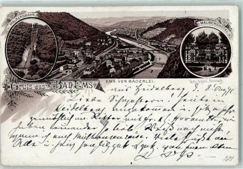 Bad Ems 1891 Vorläufer Druck 1880-1889 Ems von Bäderlei Malbergbahn Malberghotel
