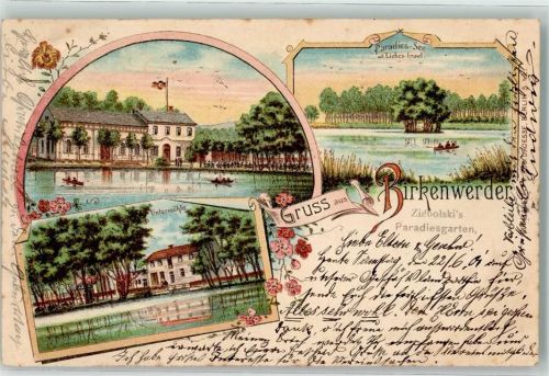 16547 O1403 Birkenwerder 1901 Lithographie Ziebolski's Paradiesgarten Paradiessee Untermühle