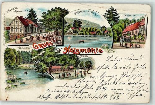 Springe 1902 Gasthaus Holzmühle Teich Seerose Wasserfall Litho.