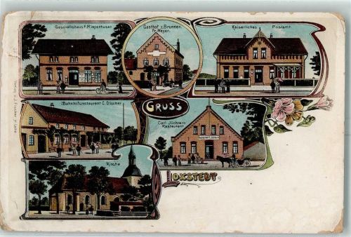 Loxstedt Geschäftshaus F. Riepenhusen Gasthof Zum Brunnen Fr. Meyer Kaiserl. Postamt Bahnhofsrestaurant C. Döscher Carl Jüchtern Restaurant Kirche Lithographie
