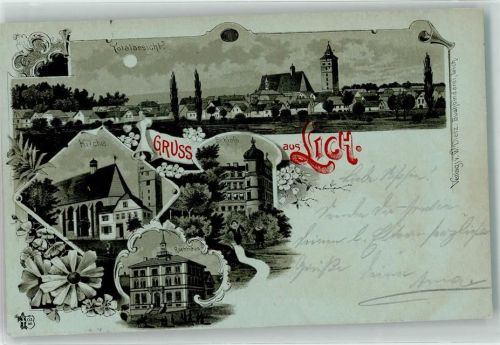 35423 W6302 Lich , Hess 1901 Lithographie / Mondschein Rathaus Kirche Schloß