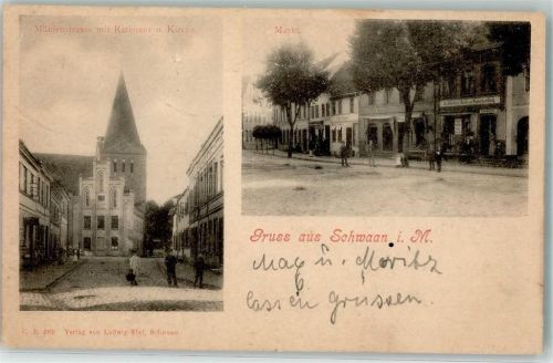 Schwaan 1900 Mühlenstraße Rathaus Kirche Marktplatz Bahnpost Bützow-Rostock