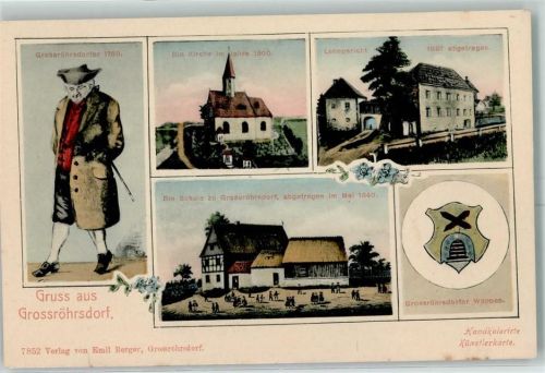 Großröhrsdorf Handcolorierte Künstlerkarte Lehngericht Schule anno 1840 Wappen AK