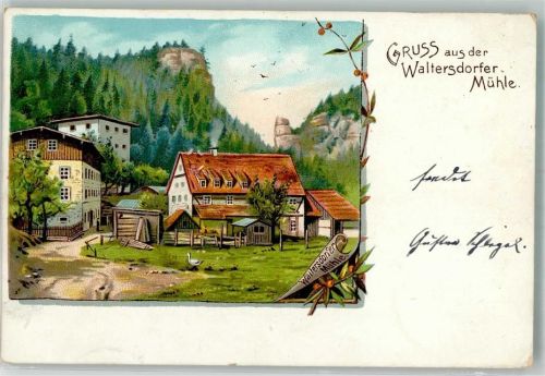 01814 O8321 Waltersdorfer Mühle , Sächs Schweiz 1899 Lithographie Waltersdorfer Mühle Enten Künstlerkarte