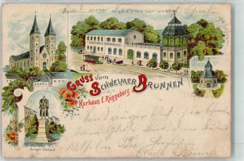 Schwelm 1898 Kurhaus-Gasthaus Rüggeberg Krieger-Denkmal Litho