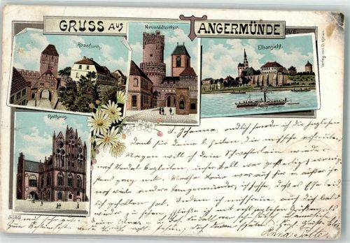 Tangermünde 1899 Rossfurth Rathaus Nordstädter Tor Elbe Lithographie