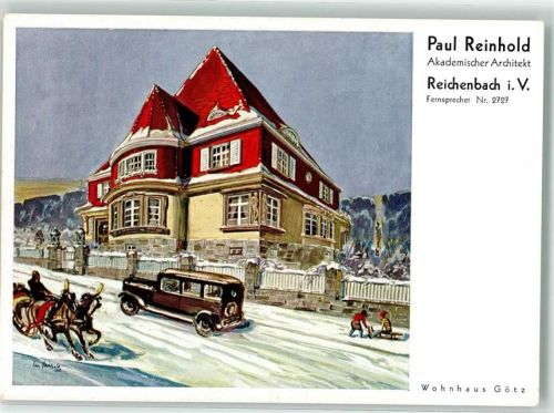 Reichenbach Paul Reinhold Wohnhaus Götz Winter Pferdeschlitten Oldtimer Kinder Schlitten Bildkarte