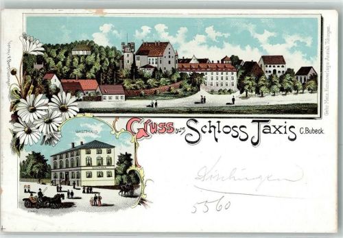 Dischingen Gruss aus Schloss Taxis C. Bubeck Gasthaus Kutsche Turm Blumen Gruss Lithographie