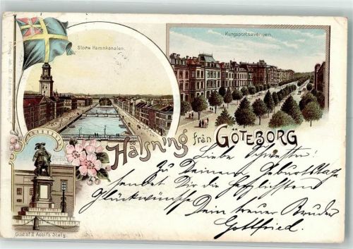 Göteborg 1898 Stora Hamnkanalen Kungsportsavenyen Gustaf II. Adolfs Staty Lithographie
