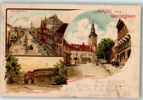 Gardelegen 1900 Bahnhofstraße Salzwedeler Tor Rathaus sign. Ernst Spindler