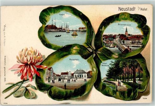 23730 W2430 Neustadt in Holstein Prägedruck Hafen Brückenstraße Marktplatz Hotel Seeburg Lithographie