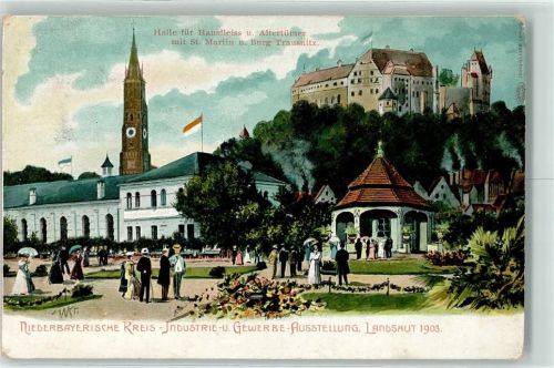 Landshut 1903 Industrie u. Gewerbe-Ausstellung 1903 Ausstellungshalle Pavillion Kirche St. Martin Burg Trausnitz sign. W. Kr.
