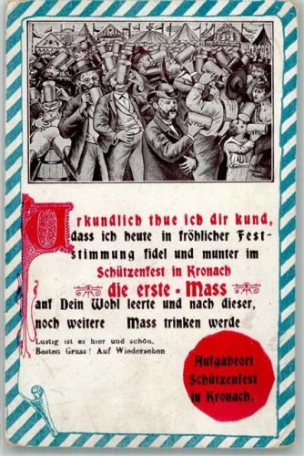 Kronach 1908 Schützenfest in Kronach Urkunde über die erste Mass Humor