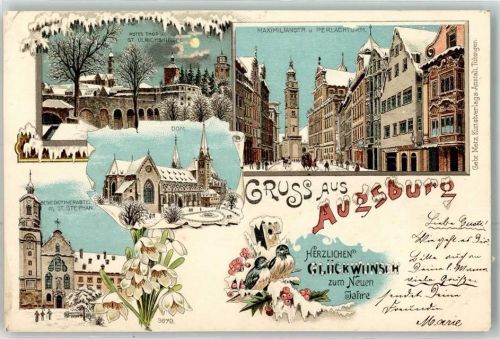 W8900 Augsburg , Bay Rotes Tor St. Ulrichskirche Maximilianstraße Perlachturm Dom Benediktinerabtei St. Stephan Glückwunsch Neujahr Mondschein Winterlitho 1897 Gebrauchsspuren