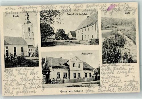 01609 O8402 Gröditz b Riesa - Kirche Gasthaus Dorfplatz Postagentur Skala