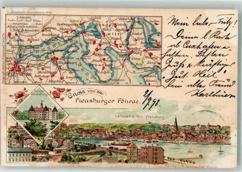 Flensburg 1898 Landkarte Schloß Glücksburg Lithographie