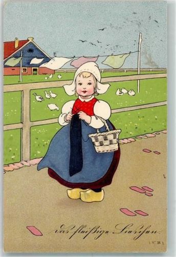 1917 Strickendes Hollandkind in Tracht vor der im Wind wehenden Wäsche Verlag Meissner & Buch Serie 2269