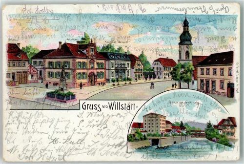Willstätt Rathaus Schulhaus Kaufhaus Gasthaus Adler Kirche Kinzig Gruss Lithographie