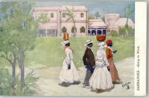 Barbados sign Oilette Tucks Künstlerpostkarte Wide Wide World Barbadoes Nr 7050 Going to Work Gang zur Arbeit Schwarzwafrikaner