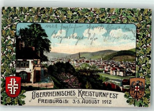 Freiburg 1914 Oberrheinisches Kreisturnfest August 1912 Eichenlaub Wappen Festpostkarte Nr 3 Feldpost WK I Reservelazarett Oberrealschule Werderstraße