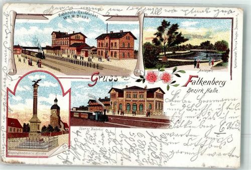 Falkenberg 1902 Bahnhof-Gaststätte Anlagen Kriegerdenkmal Oberer Bahnhof Litho