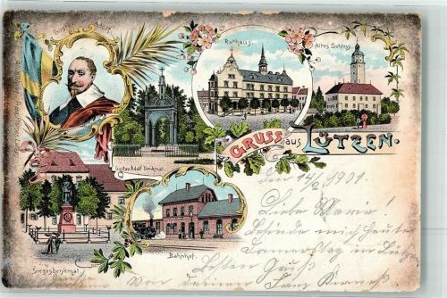 Lützen 1901 Portrait Gustav Adolf Bahnhof Siegesdenkmal Rathauis Lithographie
