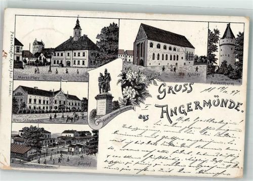 Angermünde 1897 Lithographie Kaiser und Krieger-Denkmal Bahnof Kreisständehaus Marktplatz Pulverturm
