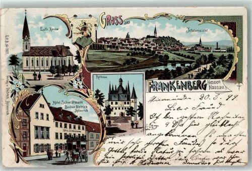 Frankenberg 1899 Lithographie Hotel Schmidtmann Luth. Kirche Rathaus