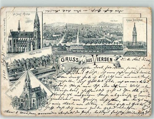 Viersen 1898 Kaiser-Denkmal Ev. Kirche Kaiser Mühle St. Josef-Kirche Lithographie