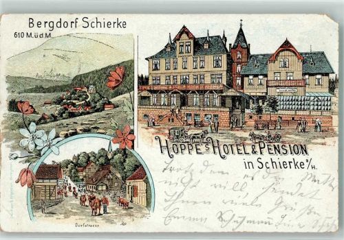 Schierke 1897 Hotel Hoppe Postkutsche Dorfstraße Rindertrieb Lithographie