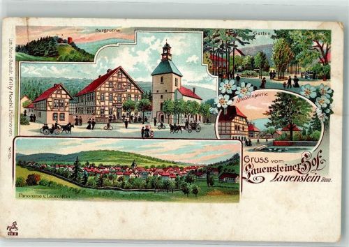 Lauenstein Lithographie Burgruine Gasthaus Lauensteiner Hof Garten