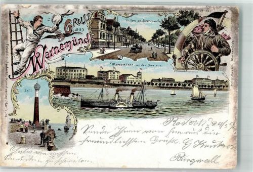 Warnemünde 1899 Villen am Seestrand Raddampfer Spill Kapitän Matrose