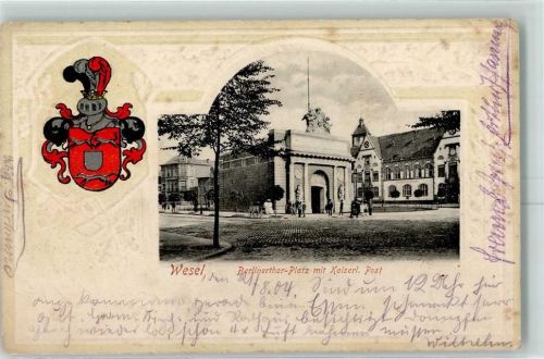 Wesel 1904 Berlinerthor-Platz mit Kaiserl. Postamt Wappen