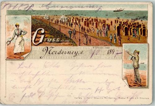 Norderney 1897 Paar beim Federballspiel Strand Lithographie