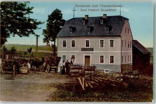 Schneeberg Gasthaus zum Chausseehaus Pferdefuhrwerk Langholzstämme Ort lt. Verlag