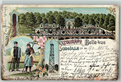 Schmölln 1902 Gasthaus Bellevue Bauernpaar Aussichtsturm Gerstehalme